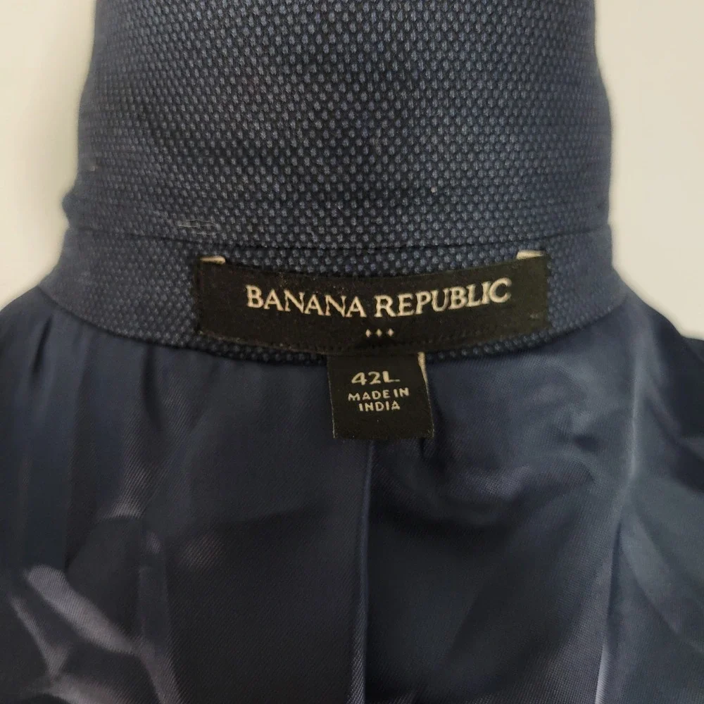 Banana Republic Men's Sport Coat Blazer Two Button Navy Birds Eye Poly Blend 42L